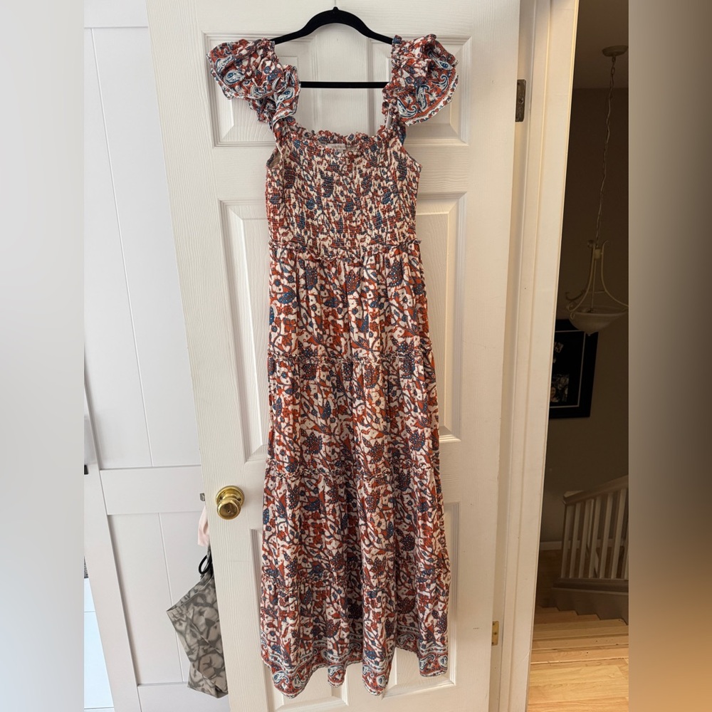 Floral Ruffle Strap Maxi Dress in Rust and Blue